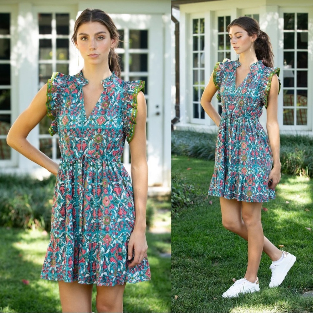 RUNGOLEE Florence Cotton Flutter Sleeve Ruffle Mini Dress in Rani Floral XS NEW